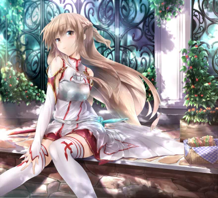 HD desktop wallpaper featuring Asuna Yuuki from Sword Art Online, depicted with long, flowing brown hair and wearing thigh-highs in a beautifully detailed garden setting.