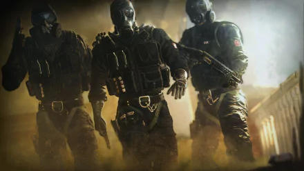 HD desktop wallpaper featuring Thatcher, Mute, and Smoke from Tom Clancy's Rainbow Six: Siege in tactical gear, amidst a dramatic background from the video game.
