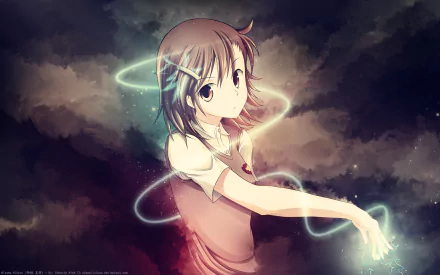 Mikoto Misaka from *A Certain Scientific Railgun* appears in an HD wallpaper, showcasing her short brown hair and eyes, surrounded by a mystical aura.
