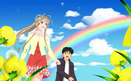 Ah! My Goddess anime HD PC wallpaper — a blonde goddess in a red dress and light jacket holds a young man's hand amid yellow flowers beneath a blue sky and rainbow.