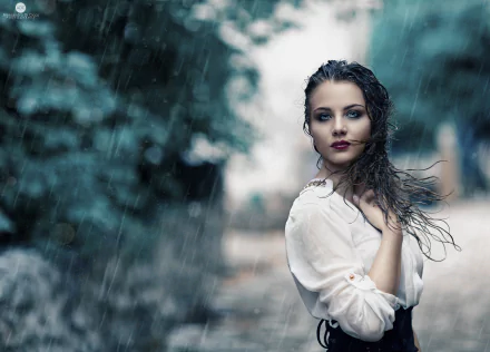 A high-definition wallpaper featuring a brunette woman with blue eyes and red lipstick, standing in the rain, creating a moody atmosphere.