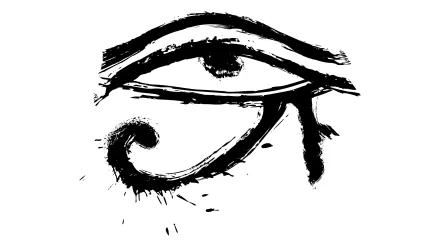 Fantasy-style Eye of Horus brushstroke emblem in black on white, rendered as a 2K Quad HD PC desktop wallpaper/background.