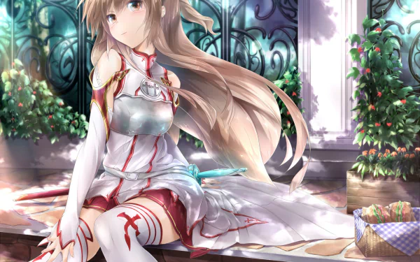 HD desktop wallpaper featuring Asuna Yuuki from Sword Art Online, depicted with long, flowing brown hair and wearing thigh-highs in a beautifully detailed garden setting.