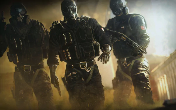 HD desktop wallpaper featuring Thatcher, Mute, and Smoke from Tom Clancy's Rainbow Six: Siege in tactical gear, amidst a dramatic background from the video game.