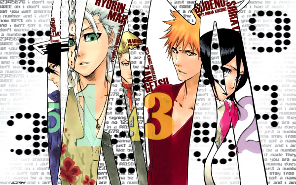 HD PC desktop wallpaper featuring Izuru Kira, Byakuya Kuchiki, Tōshirō Hitsugaya, Rukia Kuchiki, and Ichigo Kurosaki from the anime Bleach in a dynamic collage style.