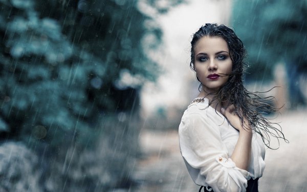 Women Mood Model Brunette Lipstick Blue Eyes Rain HD Wallpaper | Background Image