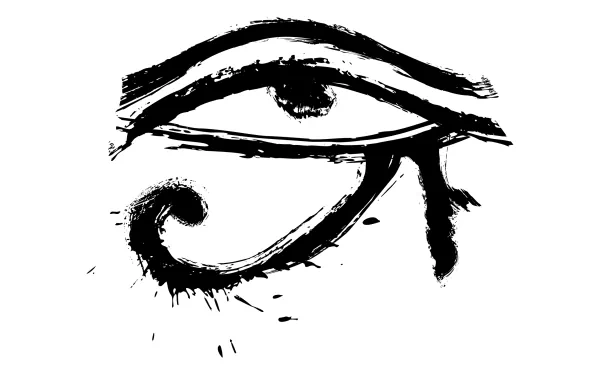 Fantasy-style Eye of Horus brushstroke emblem in black on white, rendered as a 2K Quad HD PC desktop wallpaper/background.
