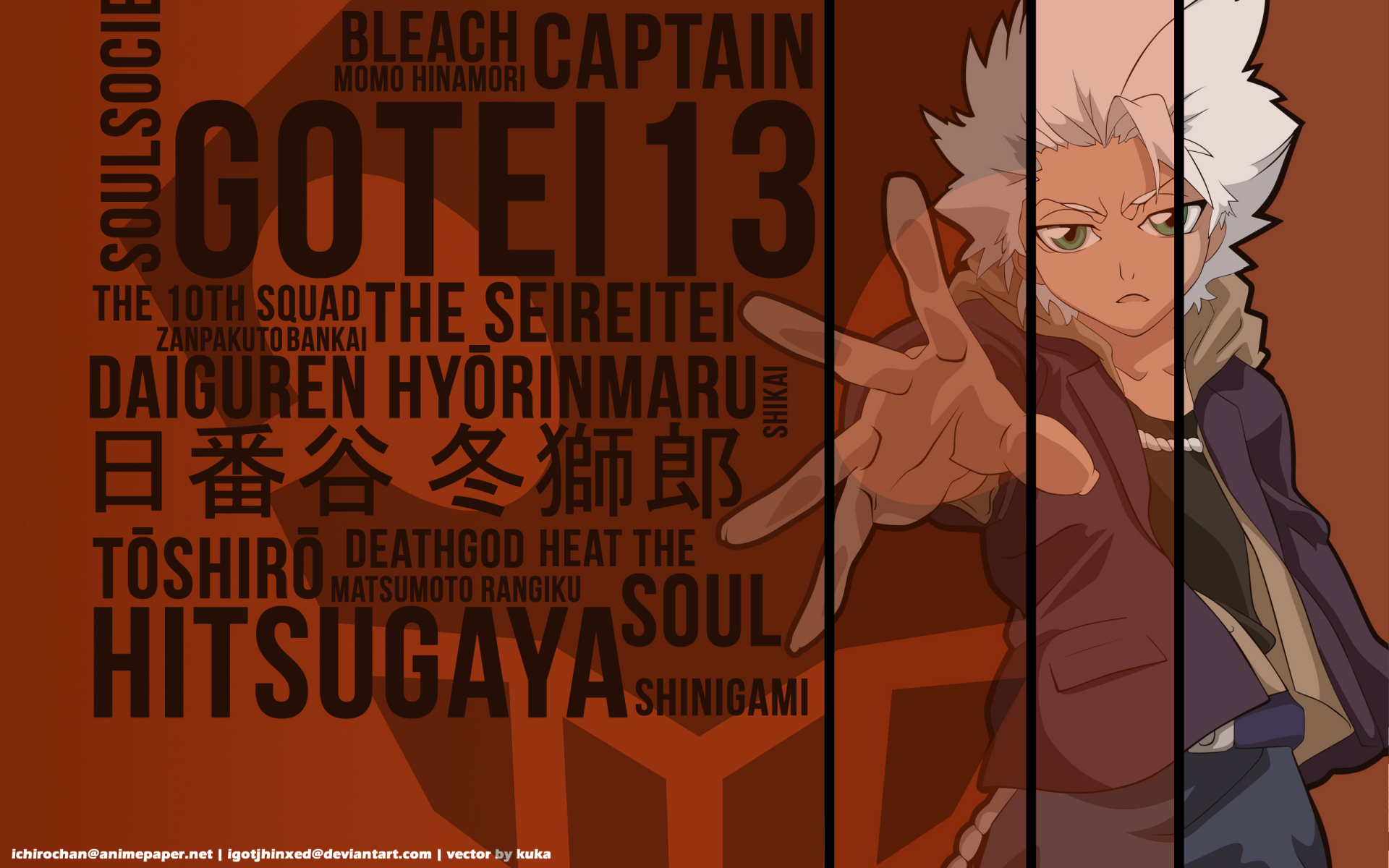 HD PC desktop wallpaper featuring Tōshirō Hitsugaya from the anime Bleach, with bold text highlighting his captain status and Soul Society affiliations.