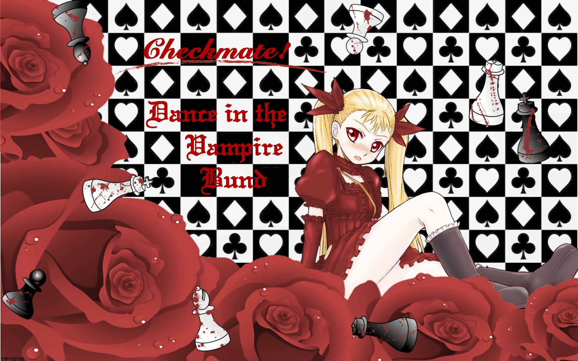 HD PC desktop wallpaper featuring Mina Tepes from the anime Dance in the Vampire Bund, set against a chessboard pattern with roses and chess pieces.