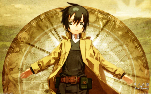 Anime HD desktop wallpaper featuring Kino from Kino's Journey standing with arms outstretched against a sepia-toned background with a large circular design.