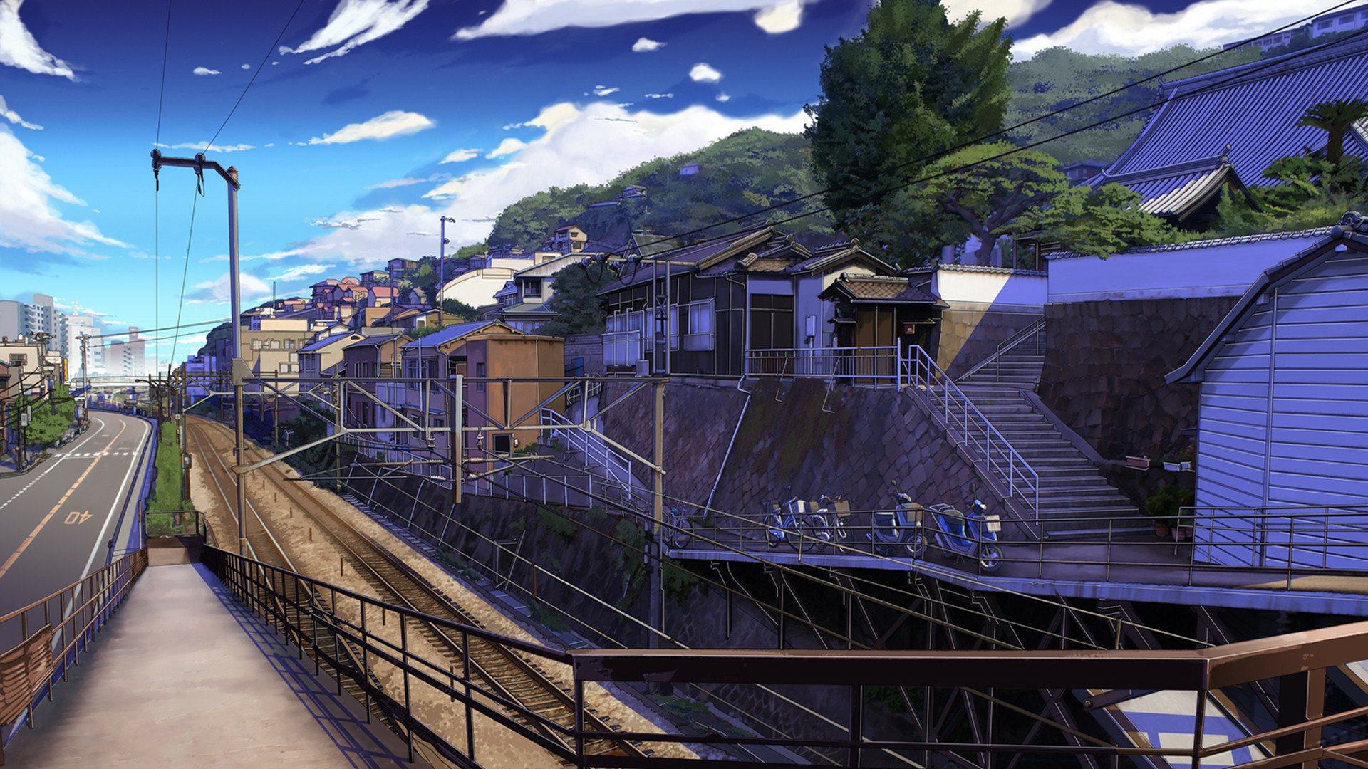 Anime landscape featuring a cityscape with houses, trees, and power lines alongside a road under a partly cloudy sky. HD desktop wallpaper showcasing detailed urban and natural elements seamlessly.
