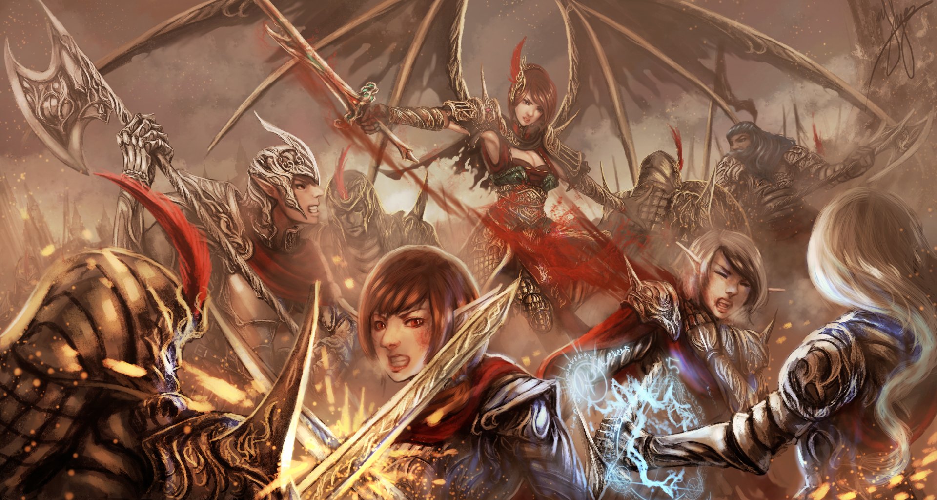 Epic fantasy battle scene featuring a woman warrior with a sword, angelic wings, and elf allies fighting dark armored foes in a dynamic HD PC desktop wallpaper.