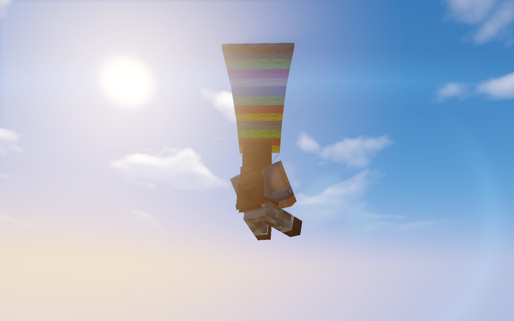 Steve from Minecraft skydives with a colorful parachute against a bright blue sky. This vibrant HD wallpaper captures a thrilling moment from the Mojang video game.