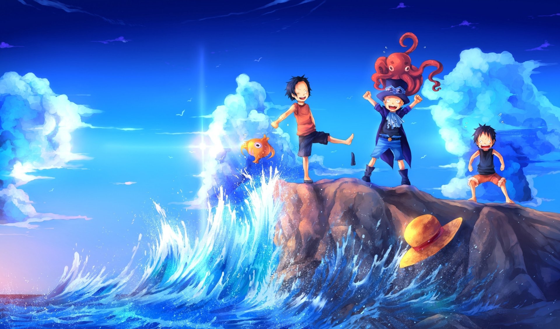 HD desktop wallpaper featuring Portgas D. Ace, Sabo, and Monkey D. Luffy from the anime One Piece standing on a rocky cliff with an ocean wave and clear blue sky as the background.