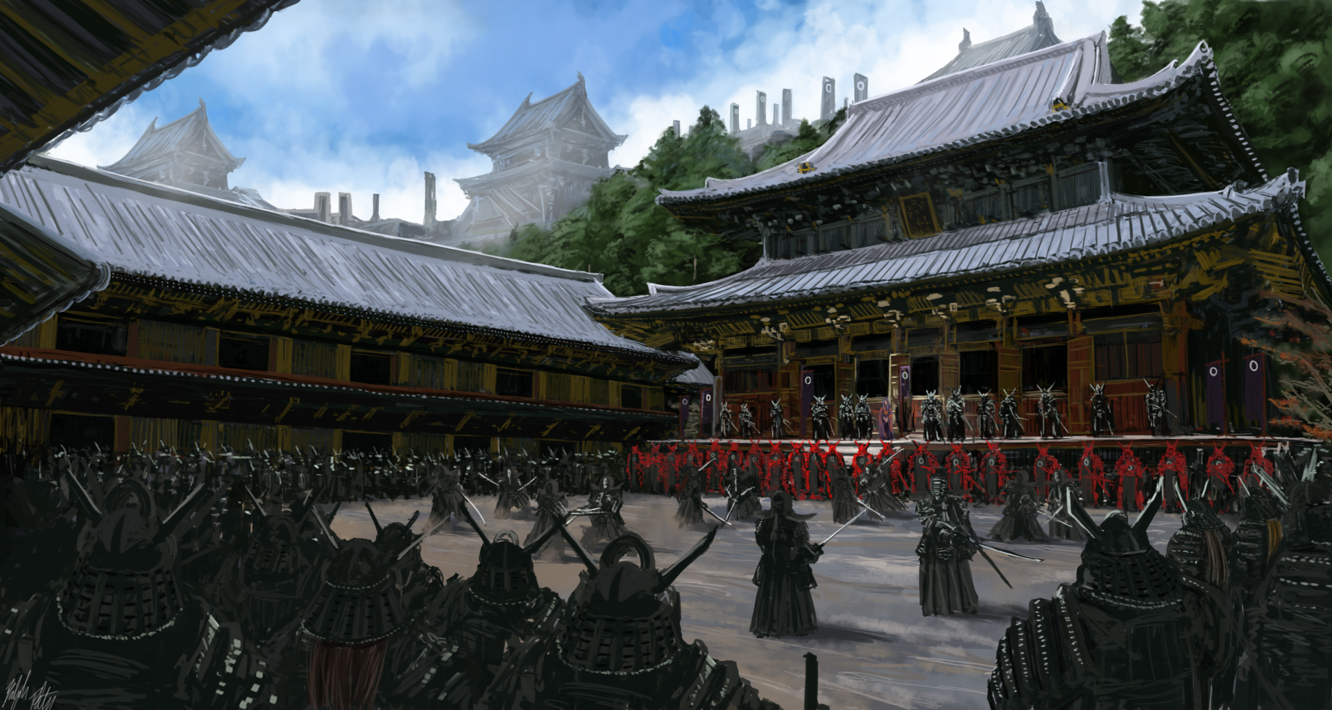 A vibrant fantasy scene featuring a group of warriors in armor, wielding katanas, set against ornate traditional buildings. This HD wallpaper captures the essence of samurai culture.