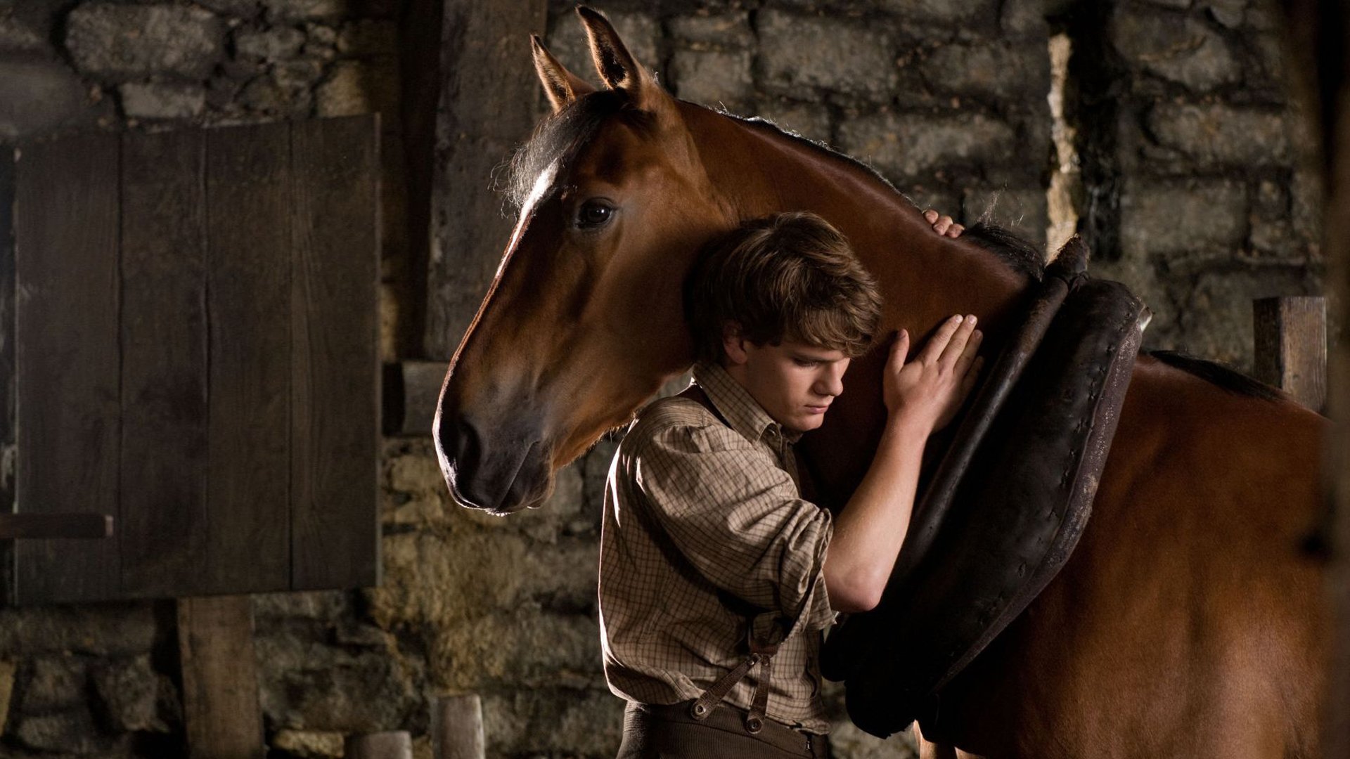 HD PC desktop wallpaper featuring a touching scene from the movie War Horse, showing a boy embracing a horse in a rustic setting.