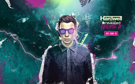 HD desktop wallpaper featuring DJ Hardwell, styled in dark gear and purple sunglasses, promoting Revealed Volume 6, set against a vibrant, cosmic-themed backdrop.