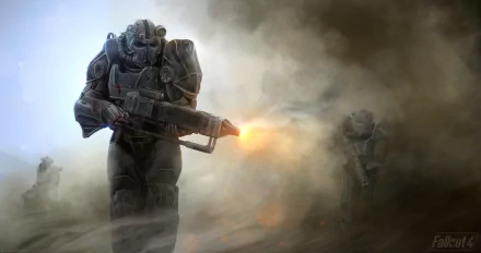 HD wallpaper for Fallout 4 featuring a Power Armor soldier in combat, emitting sparks from a gun, with a dim, smoky background.