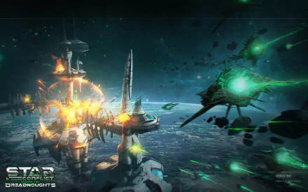 HD PC desktop wallpaper from the video game Star Conflict: green-lit starfighters assault a flaming orbital dreadnought amid debris above a shattered planet.