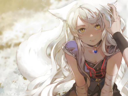 Anime-style character with animal ears and tail, featuring in a sunlit HD desktop wallpaper. She has white hair and a thoughtful expression, set against a bright, natural background.