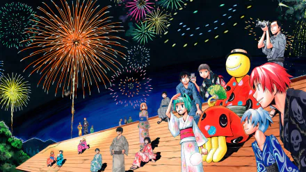 Anime-themed HD desktop wallpaper featuring characters from Assassination Classroom enjoying a vibrant fireworks display at night.