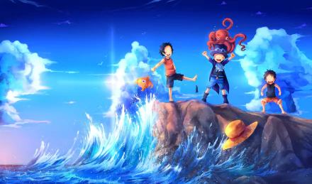 HD desktop wallpaper featuring Portgas D. Ace, Sabo, and Monkey D. Luffy from the anime One Piece standing on a rocky cliff with an ocean wave and clear blue sky as the background.