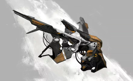 Sci-fi spaceship HD PC desktop wallpaper/background: sleek black-and-amber starfighter with exposed mechanical details, gliding over a textured gray sky.