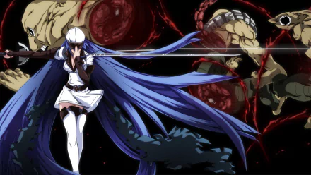 Esdeath from Akame Ga Kill! stands poised with her sword against a dramatic background featuring swirling red and fierce opponents, creating a striking HD anime wallpaper.