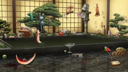 Archer (TV Show) 5K Ultra HD PC wallpaper: stylized Japanese bath scene with bonsai trees, martini glass, watermelon slice, scattered bottles and quirky props on a wet tiled floor.