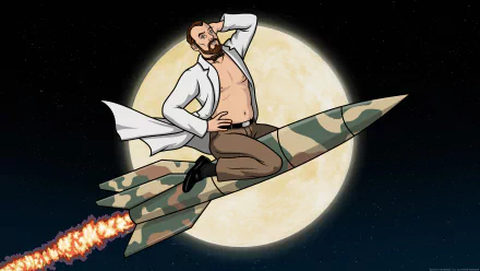 Archer (TV Show) — Dr. Algernop Krieger in a lab coat riding a camo rocket across a full moon; 5K Ultra HD PC desktop wallpaper/background.
