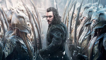 A cinematic scene from *The Hobbit: The Battle of the Five Armies*, showcasing a character amidst armored warriors, set against a snowy backdrop in stunning 4K Ultra HD.