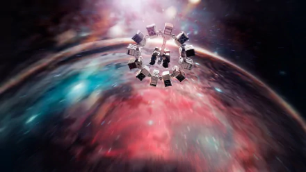 A stunning HD desktop wallpaper featuring a space scene from the movie Interstellar, showcasing a circular spacecraft surrounded by vibrant cosmic colors and swirling galaxies.