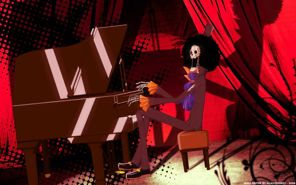 Brook from One Piece sits at a piano, exuding a charismatic vibe against a vibrant red backdrop. This striking HD wallpaper showcases the spirit of the anime beautifully.