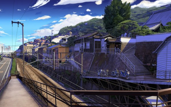 Anime Original Cloud Sky Road Landscape Tree City HD Wallpaper | Background Image
