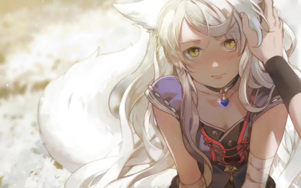 Anime-style character with animal ears and tail, featuring in a sunlit HD desktop wallpaper. She has white hair and a thoughtful expression, set against a bright, natural background.