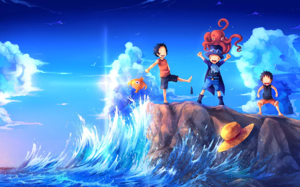 HD desktop wallpaper featuring Portgas D. Ace, Sabo, and Monkey D. Luffy from the anime One Piece standing on a rocky cliff with an ocean wave and clear blue sky as the background.