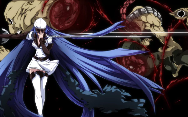 Esdeath from Akame Ga Kill! stands poised with her sword against a dramatic background featuring swirling red and fierce opponents, creating a striking HD anime wallpaper.
