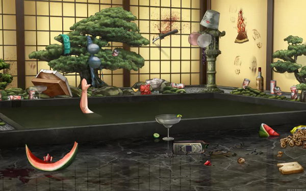 Archer (TV Show) 5K Ultra HD PC wallpaper: stylized Japanese bath scene with bonsai trees, martini glass, watermelon slice, scattered bottles and quirky props on a wet tiled floor.