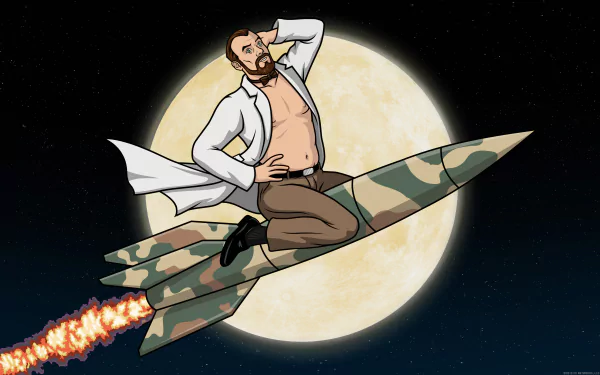 Archer (TV Show) — Dr. Algernop Krieger in a lab coat riding a camo rocket across a full moon; 5K Ultra HD PC desktop wallpaper/background.