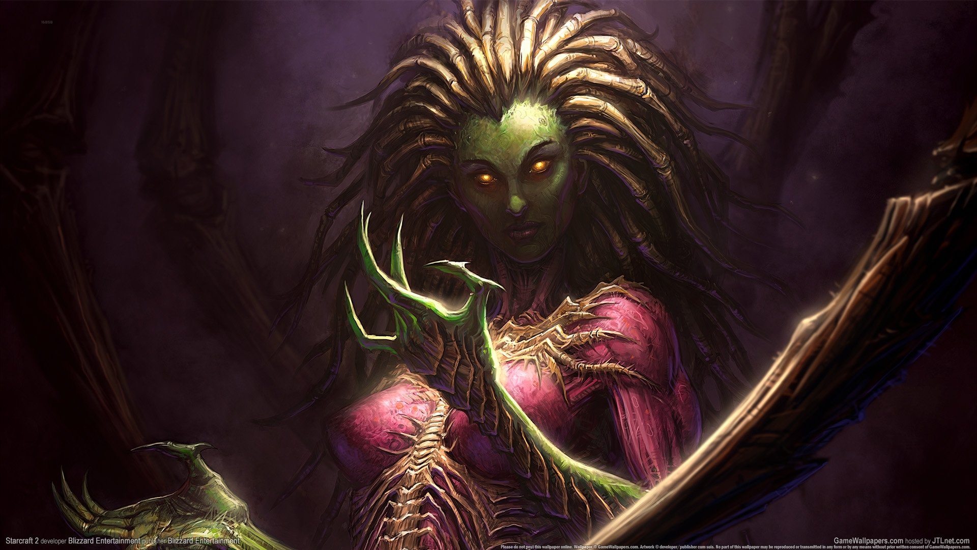 HD PC desktop wallpaper featuring Sarah Kerrigan from the video game Starcraft II: Wings of Liberty, depicted with glowing eyes and intricate, organic armor.