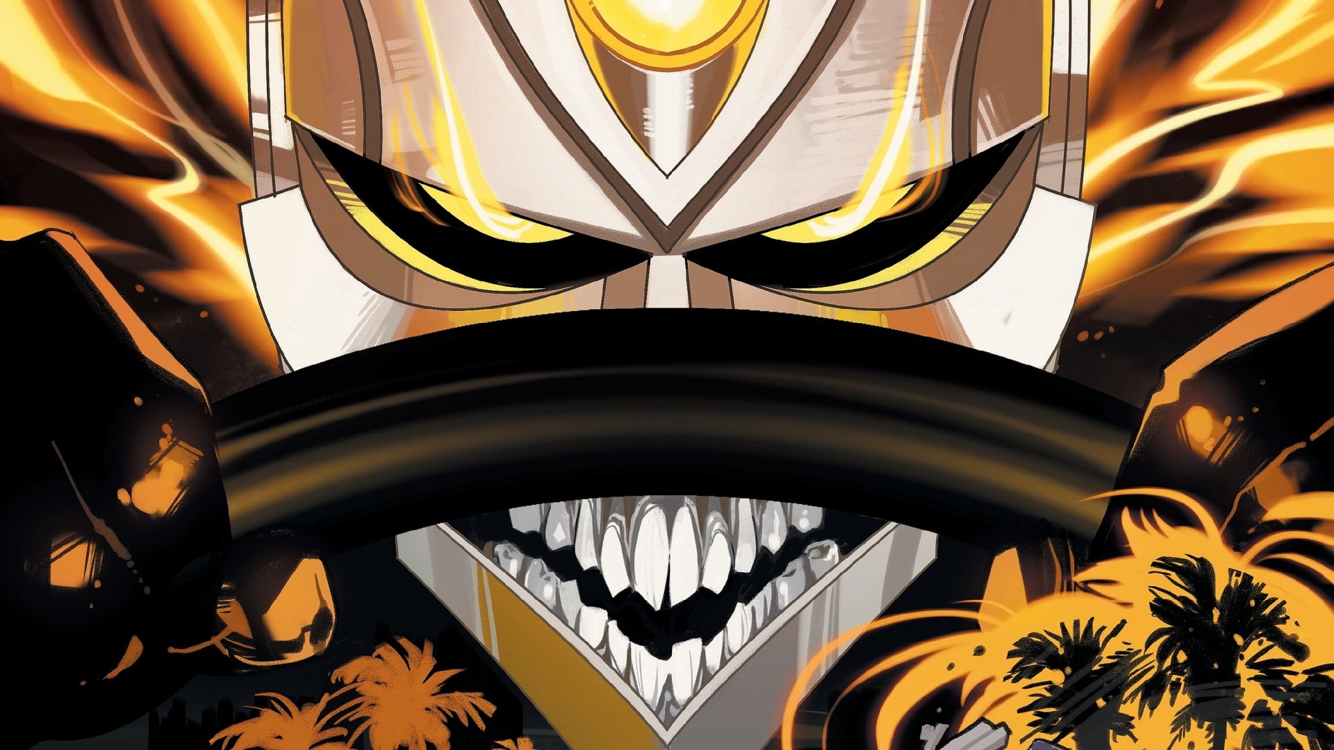 A dynamic HD wallpaper featuring All-New Ghost Rider, Robbie Reyes, showcasing his fiery transformation and menacing grin against a dark, vibrant background.