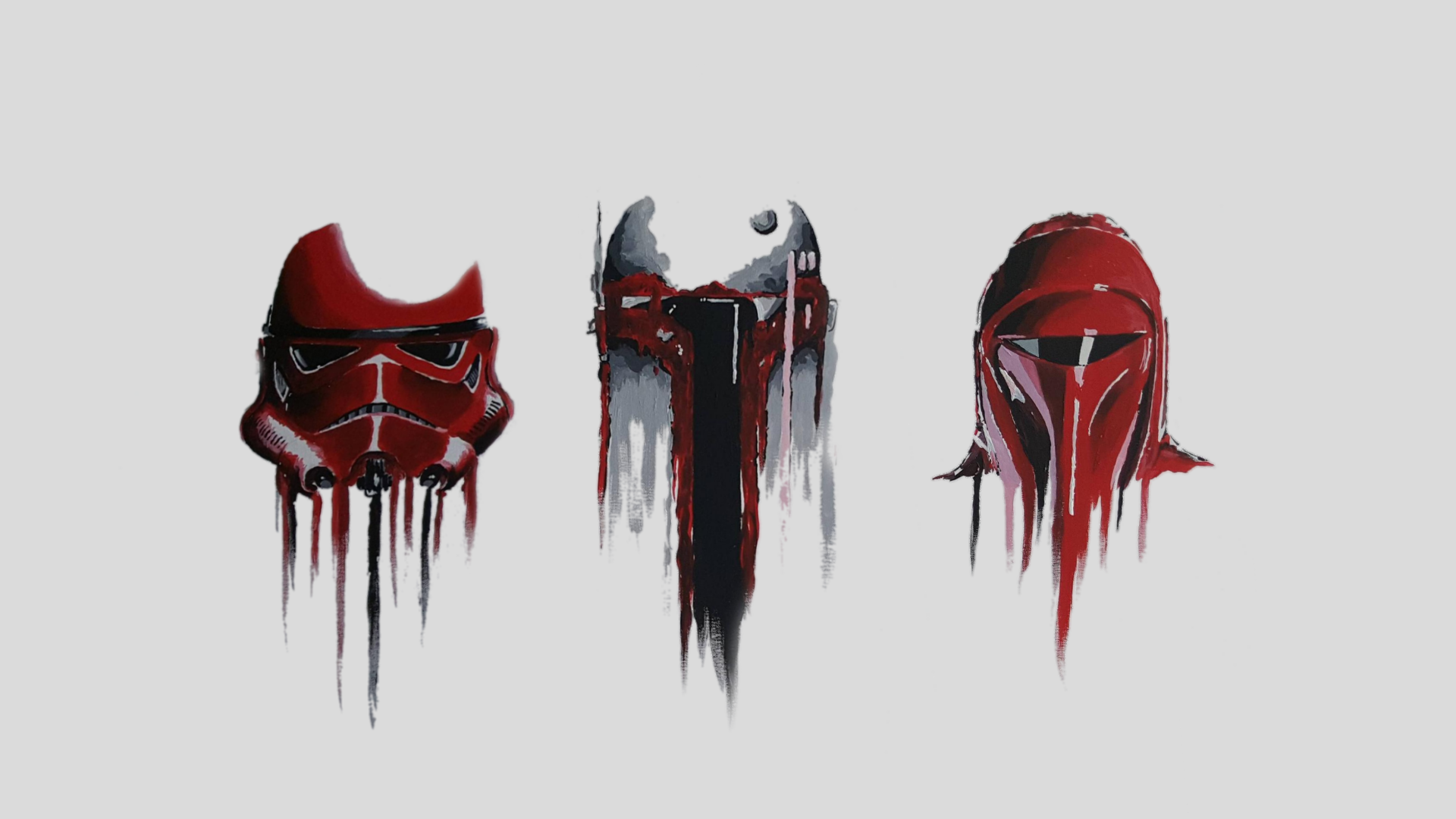 A striking HD desktop wallpaper featuring three iconic red helmets inspired by Star Wars, showcasing a blend of sci-fi artistry and bold design.
