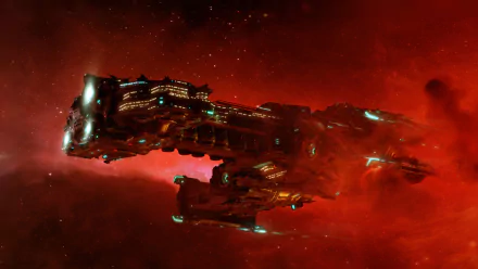 HD PC desktop wallpaper featuring a detailed spaceship from the video game Starcraft II: Wings of Liberty set against a red cosmic background.