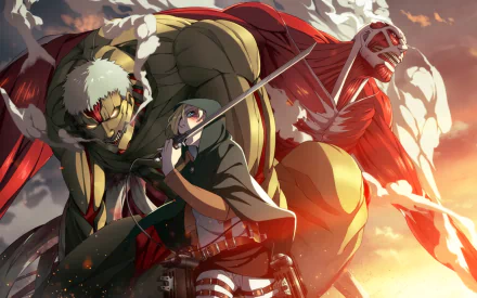 HD wallpaper featuring Annie Leonhart from Attack on Titan, with two Titans in the background. The image showcases an intense, detailed anime scene.