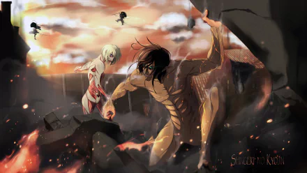 HD desktop wallpaper featuring Annie Leonhart and Eren Yeager in their Titan forms from the anime Attack on Titan, set against a dramatic, battle-scarred landscape at sunset.