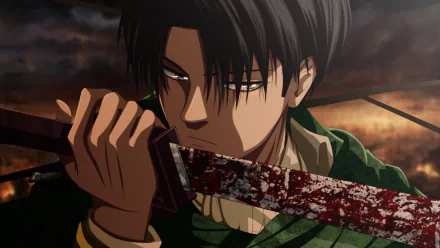 HD desktop wallpaper featuring Levi Ackerman from Attack on Titan, holding a bloodied sword against a dramatic, stormy background.