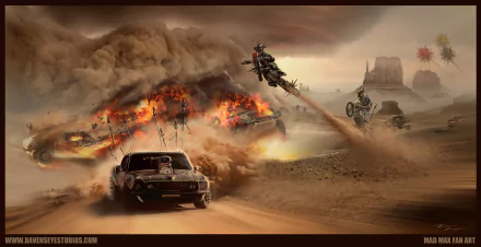 A dynamic scene from *Mad Max: Fury Road*, featuring explosive vehicle chases and dramatic dust clouds, captured in a high-definition desktop wallpaper.