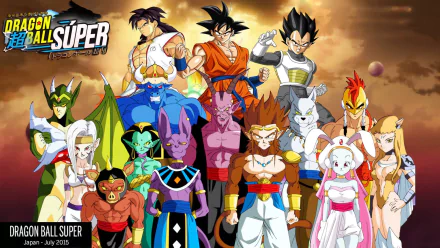 HD desktop wallpaper featuring characters from Dragon Ball Super, including Broly, Beerus, Vegeta, and Goku, standing together against a dramatic sky background.