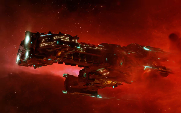 HD PC desktop wallpaper featuring a detailed spaceship from the video game Starcraft II: Wings of Liberty set against a red cosmic background.