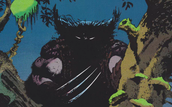 4K Ultra HD comic-style wallpaper featuring Wolverine with claws extended, emerging from dark shadows in a forested environment.